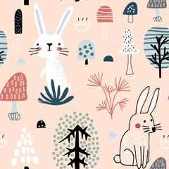 Semless woodland pattern with cute rabbits. Scandinaviann style childish texture for fabric, textile, apparel, nursery decoration. Vector illustration