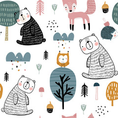 Semless woodland pattern with cute bear, hedgehog, owl, fox and hand drawn elements. Scandinaviann style childish texture for fabric, textile, apparel, nursery decoration. Vector illustration