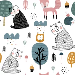 Wall murals Fox Semless woodland pattern with cute bear, hedgehog, owl, fox and hand drawn elements. Scandinaviann style childish texture for fabric, textile, apparel, nursery decoration. Vector illustration
