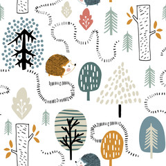 Halbloses Waldmuster mit Igeln. Kindliche Textur im skandinavischen Stil für Stoff, Textilien, Kleidung, Kinderzimmerdekoration. Vektor-Illustration