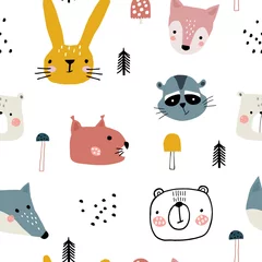 Wall murals Fox Semless woodland pattern with cute animal faces and hand drawn elements. Scandinaviann style childish texture for fabric, textile, apparel, nursery decoration. Vector illustration