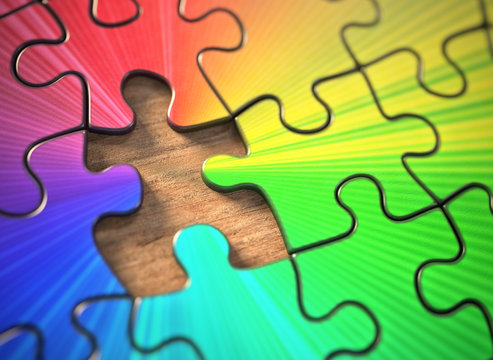 Colored puzzle with one missing piece. Lack of the part that gives rise to the colors.