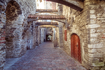Fototapeta na wymiar The St Catherine's Passage is historical cobbled street in the old town of Tallinn, Estonia