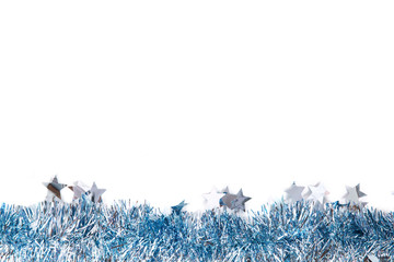 New year frame of blue tinsel on white background. Isolated on white. New year 2019. Decorations