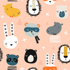 Seamless childish pattern with stylish monochrome animals . Creative scandinavian kids texture for fabric, wrapping, textile, wallpaper, apparel. Vector illustration