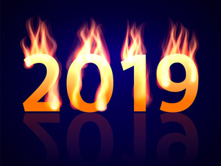 Date 2019 with fire flames on a blue background. Vector illustration