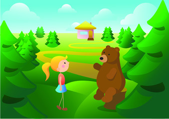 Obraz na płótnie Canvas Bear talking to a girl in the forest. Vector illustration
