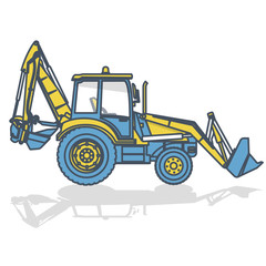 Naklejka premium Blue yellow outlined big excavator, digger on white. Digging of ground. Construction machinery and ground works. Professional flatten isolated illustration master vector