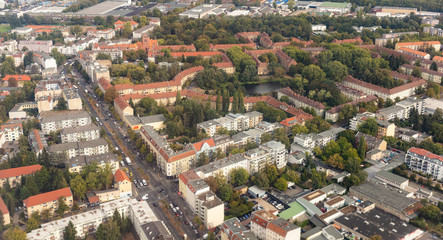 Aerial view out of a plane window over Berlin, Germany