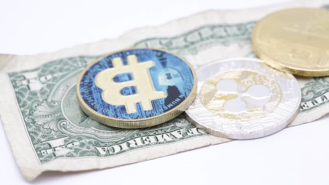 blurred crumpled dollar money and   bitcoin