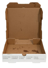 Empty greasy pizza box with lid open. Isolated.