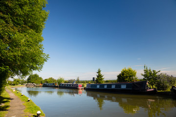 Fototapeta na wymiar Hertfordshire, UK. Narrowboats moored along a wide canal under blue skies on a summer's morning.