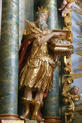 Fototapeta na wymiar Biblical Magi Melchior statue on the altar in the Baroque Church of Our Lady of the Snow in Belec, Croatia 