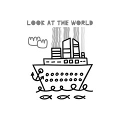 Naklejka premium Travel card concept with ship and text. Doodle style