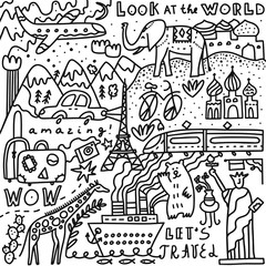 Fototapeta premium Travel set with lettering. Hand drawn vector illustration. Doodle style. Popular world symbols of tourism and traveling