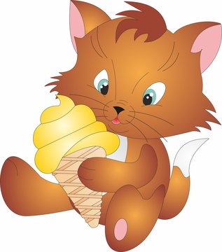 recommend clip art: Illustration of a funny redhead cat kitten sitting, smiling With An Ice Cream on a white background