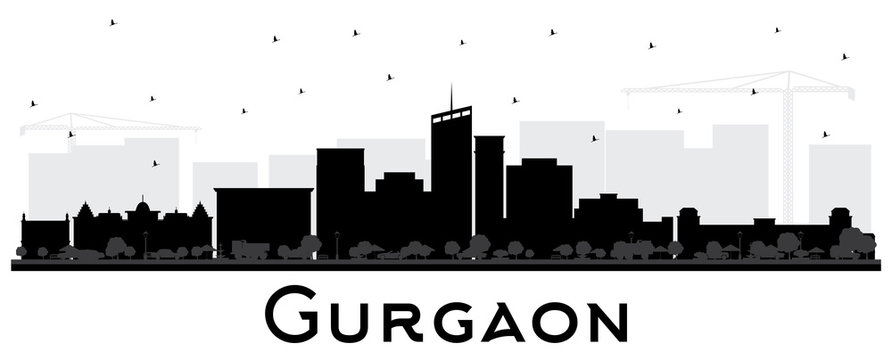 Gurgaon India City Skyline Silhouette with Black Buildings Isolated on White.