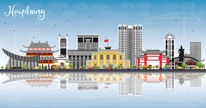 Haiphong Vietnam City Skyline with Gray Buildings, Blue Sky and Reflections.