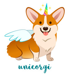 Obraz na płótnie Canvas Unicorn corgi dog with horn and wings vector cartoon illustration. Cute funny corgi puppy smiling with tongue out, isolated on white. Humorous, magic, mythical creatures, believe in yourself.