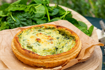 Close-up of quiche with fresh vegetables. Background in green tones. Rustic and country aspect.