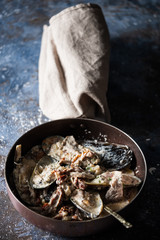 Mussels with Blue Cheese Sauce and Garlic Baguette.
