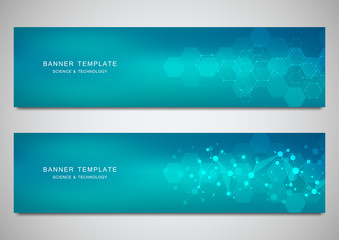 Scientific and technological vector banners. Abstract background with molecular structures.