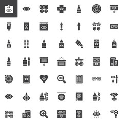 Optometrist vector icons set, modern solid symbol collection, filled style pictogram pack. Signs, logo illustration. Set includes icons as Contact lens, Ophthalmology cream, Eye drops, Medical test