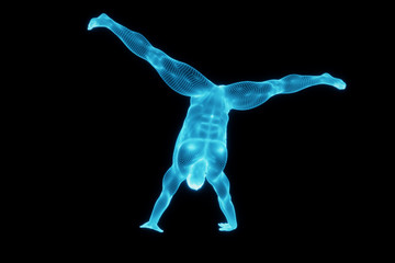 Fototapeta na wymiar Abstract blue grid human body mannequin figure over black background. Action handstand pose. 3D rendering illustration