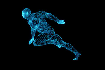 3D rendering of the running male body, blue mesh, robot, the future of artificial intelligence creative abstract concept background