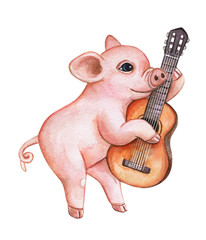 Funny Piggy, Pig  playing a musical instrument, guitar isolated on white background. Watercolor. Illustration. Template. Hand drawing. Clipart. Close-up