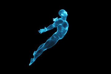Abstract blue x-ray human body mannequin figure over black background. Action fly and jump pose. 3D rendering illustration