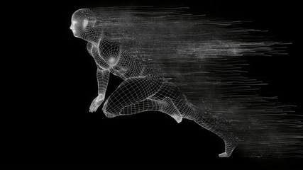 Abstract white grid human body mannequin figure with scattering particles over black background. Action running pose. 3D rendering illustration