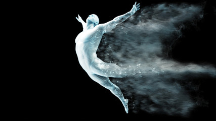 Abstract white plastic human body mannequin figure with scattering particles over black background. Action dance jump ballet pose. 3D rendering illustration