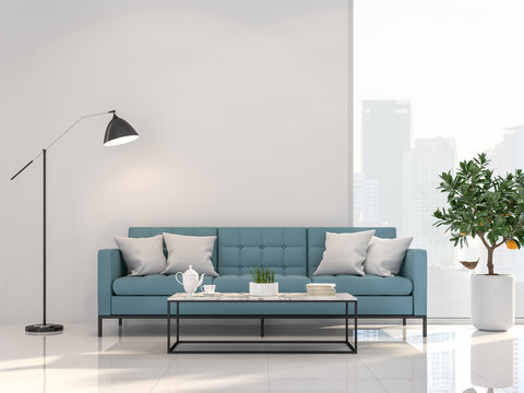 Minimal style living room with city view 3d render,Decorate with blue fabric and black metal furniture ,The room has large windows,Sunlight shines into the room.