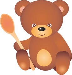 Obraz premium Little teddy bear cartoon character, sitting with a wooden spoon is preparing to eat. Illustration on white background