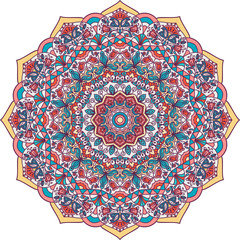 Mandala flower decoration, hand drawn round ornament, isolated design element on a white background. Tribal ethnic fashion motif for paper, textile, cloth fabric print