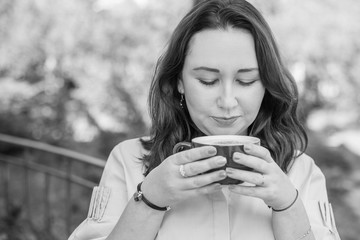 Morning of plus size woman, lady eat sweets and drink coffee 