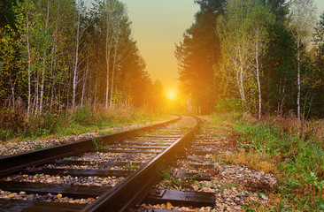 Fototapeta na wymiar old railroad passes through a picturesque autumn forest with yellow foliage at sunset lit by the rays of the sun