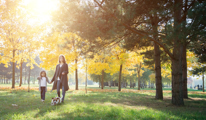 Fototapeta premium Family love abstract: autumn park, mother and daughter walking with dog