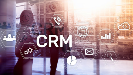 CRM, Customer relationship management system concept on abstract blurred background. - obrazy, fototapety, plakaty