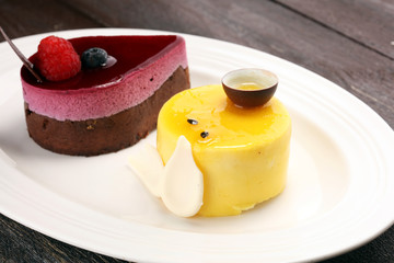 Delicious raspberry cake with fresh raspberries, blueberry and lemon cake.  confiserie cake cuisine.