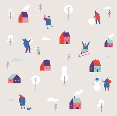 Winter season background simple people characters. Vector simple pattern on winter holiday season and Christmas. Flat vector illustration.