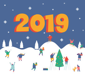 Happy new 2019 year banner card. Winter outdoor activities. People walking,having fun, skiing, ice skating, sledding. Flat vector illustration.