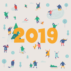 Happy new 2019 year banner card. Winter outdoor activities. People walking,having fun, skiing, ice skating, sledding. Flat vector illustration.