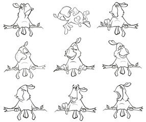  Set of Cute  Parrots for you Design. Cartoon Character. Coloring Book. Outline 