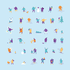 Winter season background people vector set. Winter outdoor activities. Flat vector illustration.