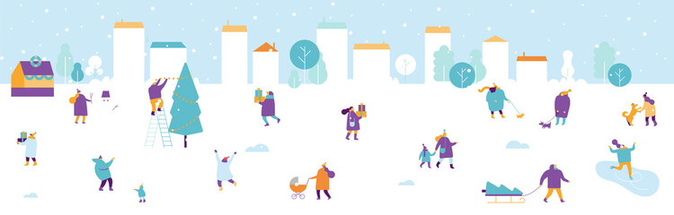 Winter outdoor activities. Snowy city background. People walking,having fun, skiing, ice skating, sledding. Flat vector illustration.