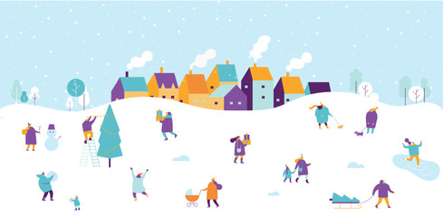 Fototapeta na wymiar Winter outdoor activities. Snowy city background. People walking,having fun, skiing, ice skating, sledding. Flat vector illustration.