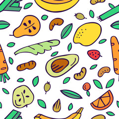 Naklejka premium Vector pattern with fruits and vegetables. Hand drawn illustration