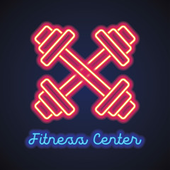 fitness gym center logo with neon light effect. vector illustration